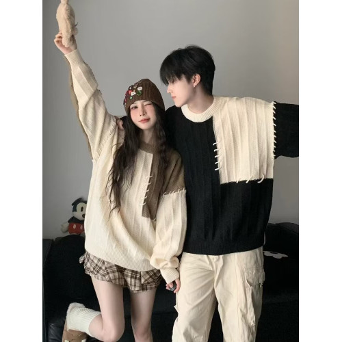 情侶裝拼接撞色毛衣男女日系復古秋冬季潮牌寬松休閒原宿風針織衫