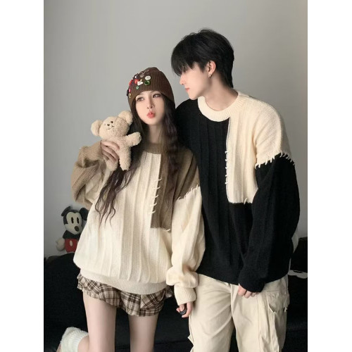 情侶裝拼接撞色毛衣男女日系復古秋冬季潮牌寬松休閒原宿風針織衫