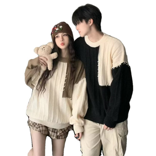 情侶裝拼接撞色毛衣男女日系復古秋冬季潮牌寬松休閒原宿風針織衫