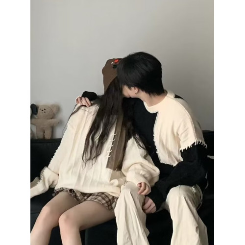 情侶裝拼接撞色毛衣男女日系復古秋冬季潮牌寬松休閒原宿風針織衫