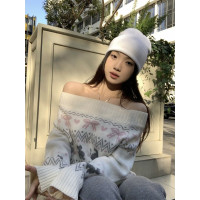 黑奶酪 BLACK~瞄島情書 費爾島貓咪露肩毛衣一字領提花針織衫上衣