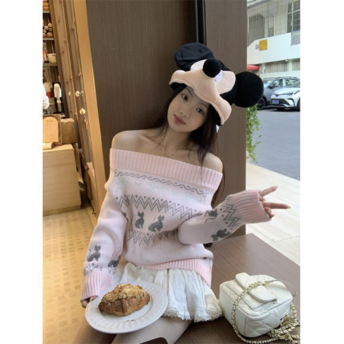 黑奶酪 BLACK~瞄島情書 費爾島貓咪露肩毛衣一字領提花針織衫上衣 黑奶酪 BLACK~瞄島情書 費爾島貓咪露肩毛衣一字領提花針織衫上衣