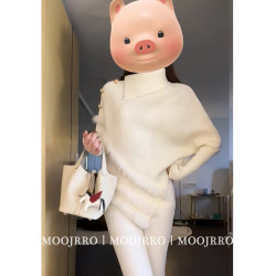 白色高領堆堆領不規則套頭毛衣女秋季寬鬆慵嬾風內搭蝙蝠袖針織衫