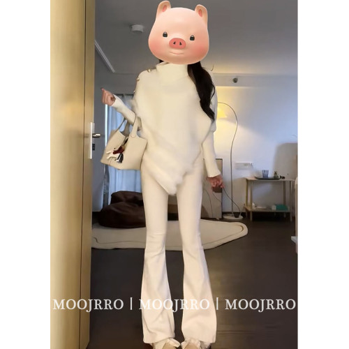 白色高領堆堆領不規則套頭毛衣女秋季寬鬆慵嬾風內搭蝙蝠袖針織衫