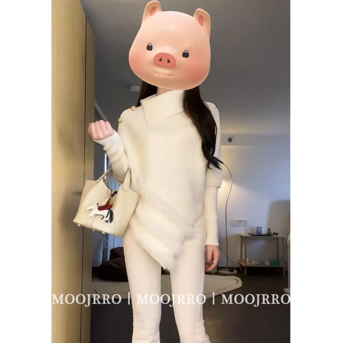 白色高領堆堆領不規則套頭毛衣女秋季寬鬆慵嬾風內搭蝙蝠袖針織衫