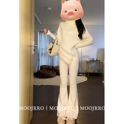 白色高領堆堆領不規則套頭毛衣女秋季寬鬆慵嬾風內搭蝙蝠袖針織衫