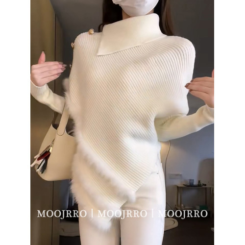 白色高領堆堆領不規則套頭毛衣女秋季寬鬆慵嬾風內搭蝙蝠袖針織衫