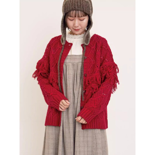 S2 秋冬新款  甜美  含30%羊毛 流蘇單排釦寬鬆毛衣外套女