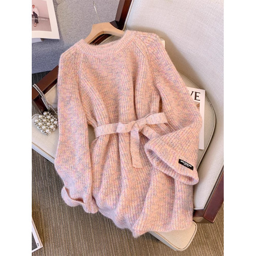 大碼高級感軟糯慵嬾毛衣女秋冬胖妹妹寬鬆遮肚針織中長款收腰上衣