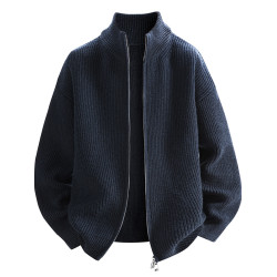 立領針織開衫男士秋季休閒毛衣外套粗線高級感品質毛衫夾克純色款