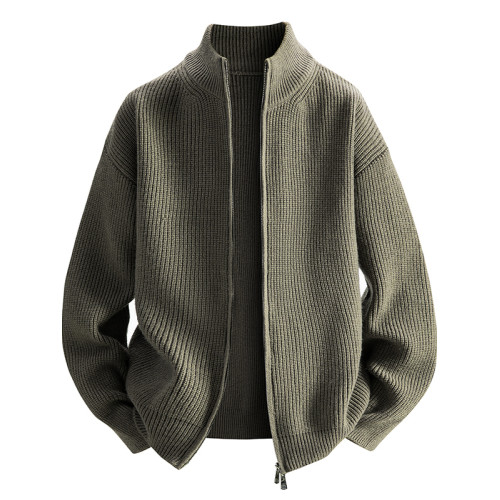 立領針織開衫男士秋季休閒毛衣外套粗線高級感品質毛衫夾克純色款