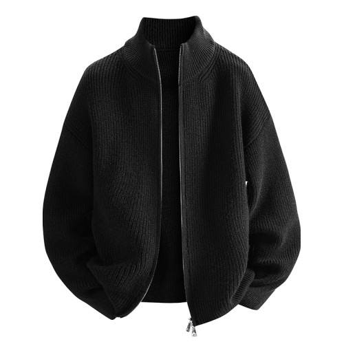 立領針織開衫男士秋季休閒毛衣外套粗線高級感品質毛衫夾克純色款