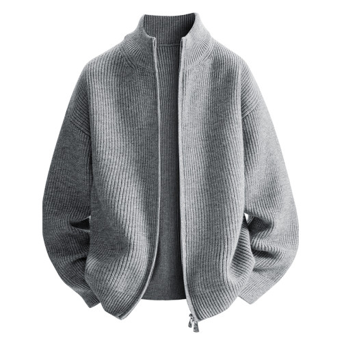 立領針織開衫男士秋季休閒毛衣外套粗線高級感品質毛衫夾克純色款