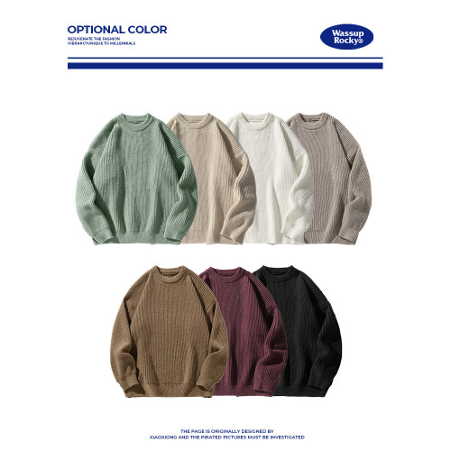 WASSUP日系復古純色百搭圓領毛衣男女秋冬季衛衣打底衫潮流針織衫