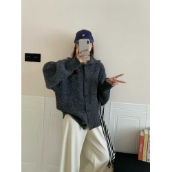 韓系~高領含羊毛單排釦針織開衫毛衣外套