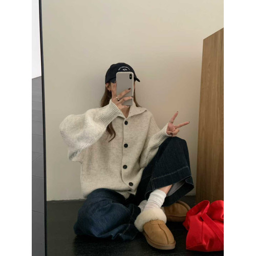 韓系~高領含羊毛單排釦針織開衫毛衣外套