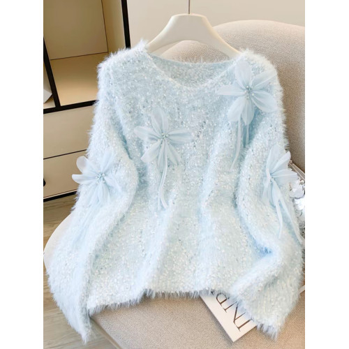 別致絕美立體花朵毛衣打底衫女秋冬新款甜美減齡仿貂絨軟糯針織衫