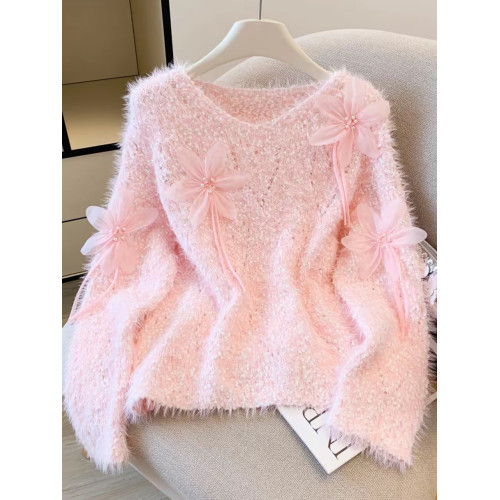 別致絕美立體花朵毛衣打底衫女秋冬新款甜美減齡仿貂絨軟糯針織衫