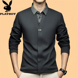 花花公子秋季新款假兩件打底衫男襯衫領毛衣寬松針織衫V領羊毛衫