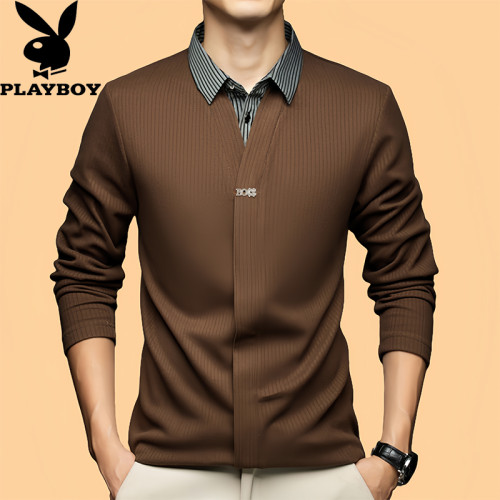 花花公子秋季新款假兩件打底衫男襯衫領毛衣寬松針織衫V領羊毛衫