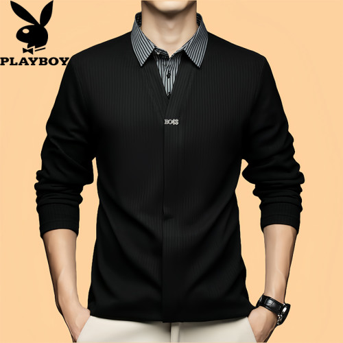 花花公子秋季新款假兩件打底衫男襯衫領毛衣寬松針織衫V領羊毛衫