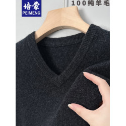 培矇冬季加厚V領羊毛衫男士100純羊毛針織保暖套頭雞心領羊絨毛衣
