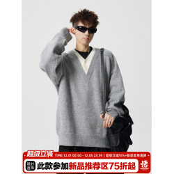悟空有貨復古假兩件拼接針織衫男女秋季潮牌情侶寬松休閒套頭毛衣