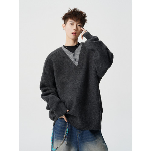 悟空有貨復古假兩件拼接針織衫男女秋季潮牌情侶寬松休閒套頭毛衣