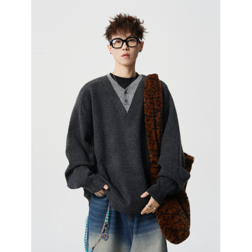 悟空有貨復古假兩件拼接針織衫男女秋季潮牌情侶寬松休閒套頭毛衣