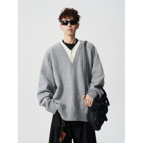 悟空有貨復古假兩件拼接針織衫男女秋季潮牌情侶寬松休閒套頭毛衣