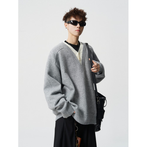 悟空有貨復古假兩件拼接針織衫男女秋季潮牌情侶寬松休閒套頭毛衣