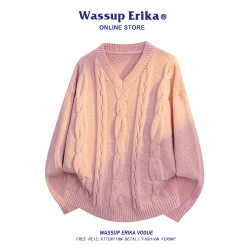 WASSUP ERIKA韓版麻花V領針織衫男女秋冬季寬松高級感慵懶風毛衣