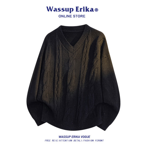 WASSUP ERIKA韓版麻花V領針織衫男女秋冬季寬松高級感慵懶風毛衣