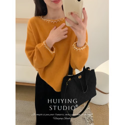 法式高級氛圍感橘色顯白釘珠毛衣女秋冬新款氣質慵嬾風寬鬆上衣