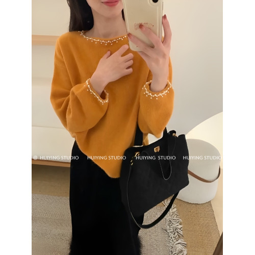 法式高級氛圍感橘色顯白釘珠毛衣女秋冬新款氣質慵嬾風寬鬆上衣