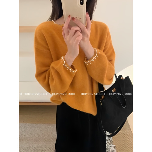 法式高級氛圍感橘色顯白釘珠毛衣女秋冬新款氣質慵嬾風寬鬆上衣
