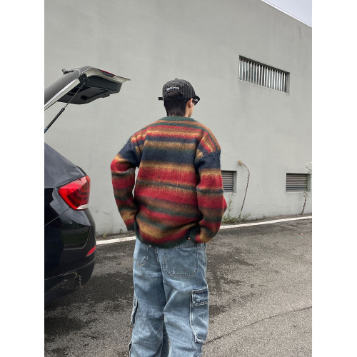 MASDYIREN 美式復古馬海毛中性條紋毛衣男冬情侶針織衫加厚慵懶風