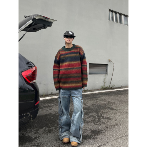 MASDYIREN 美式復古馬海毛中性條紋毛衣男冬情侶針織衫加厚慵懶風