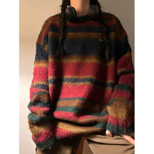 MASDYIREN 美式復古馬海毛中性條紋毛衣男冬情侶針織衫加厚慵懶風