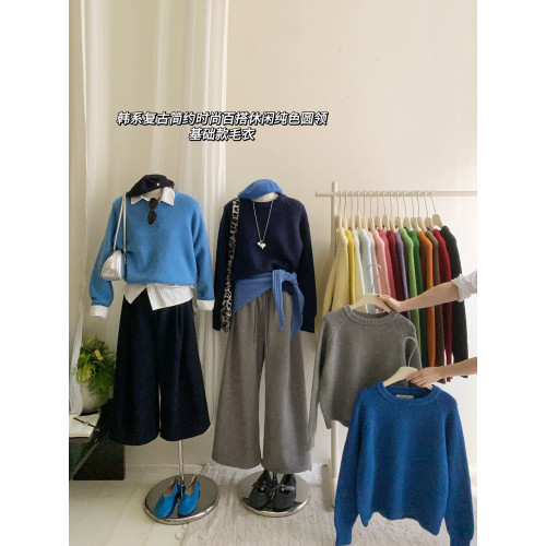 韓國王炸新色系簡約慵軟糯圓領套頭毛衣女冬復古寬鬆保暖針織上衣