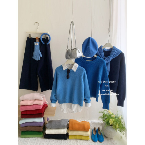 韓國王炸新色系簡約慵軟糯圓領套頭毛衣女冬復古寬鬆保暖針織上衣