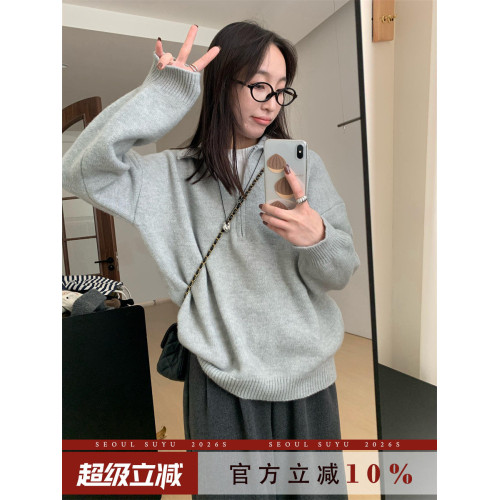 時尚學院風polo半拉鍊毛衣2025秋季新款韓版百搭寬鬆顯瘦針織衫女
