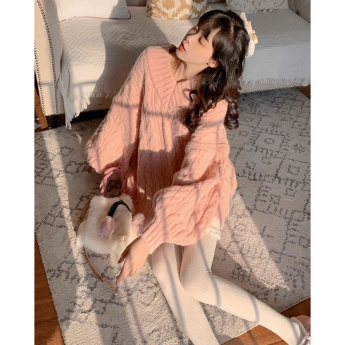 今年流行軟糯寬鬆慵嬾風粉色v領蝴蝶結毛衣女秋冬季高級感針織衫