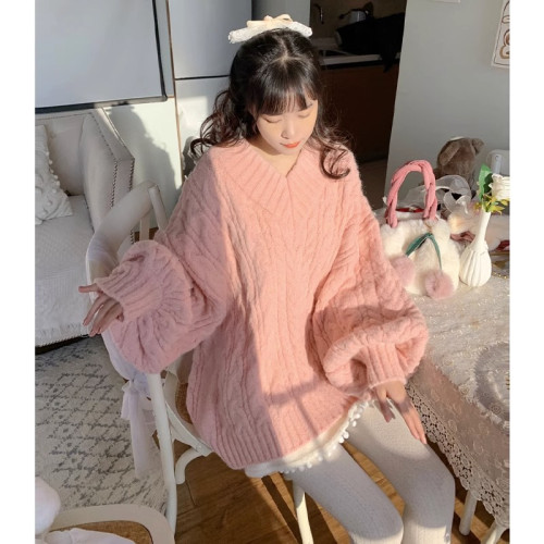 今年流行軟糯寬鬆慵嬾風粉色v領蝴蝶結毛衣女秋冬季高級感針織衫
