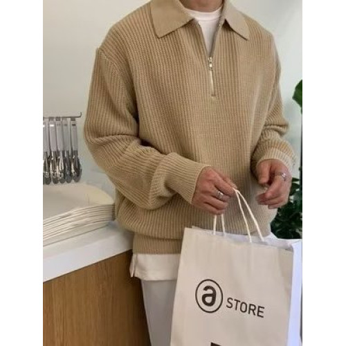 日系高級設計感半拉鍊毛衣男士ins潮牌Polo領修身百搭打底針織衫