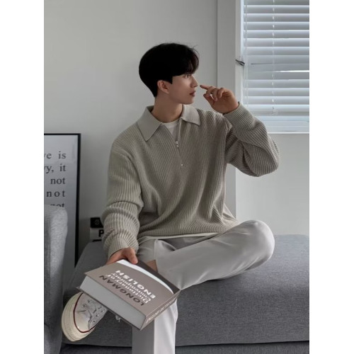 日系高級設計感半拉鍊毛衣男士ins潮牌Polo領修身百搭打底針織衫