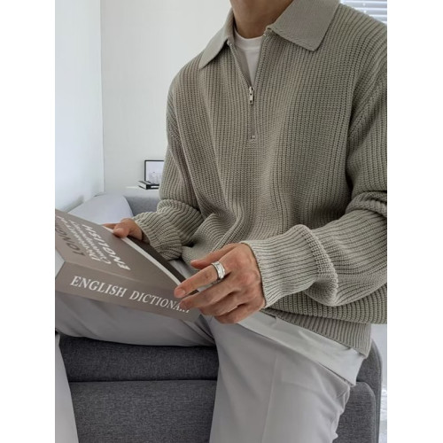 日系高級設計感半拉鍊毛衣男士ins潮牌Polo領修身百搭打底針織衫