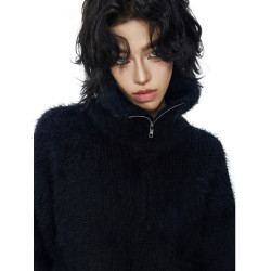 美式cleanfit慵懶風仿貂毛高領拉鍊套頭毛衣男黑色寬松保暖針織衫