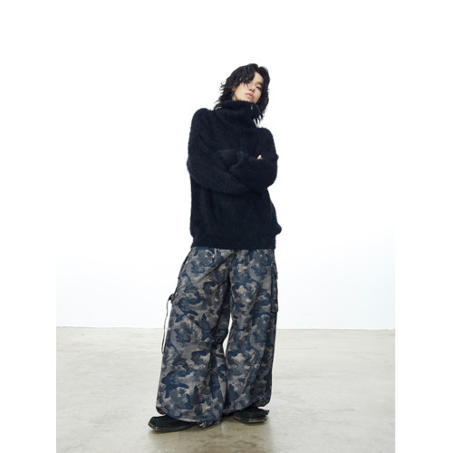 美式cleanfit慵懶風仿貂毛高領拉鍊套頭毛衣男黑色寬松保暖針織衫