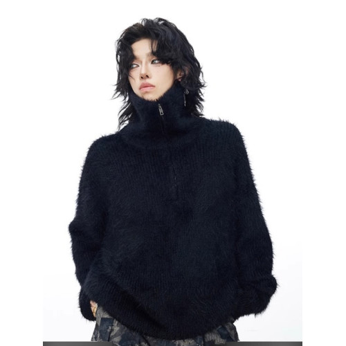 美式cleanfit慵懶風仿貂毛高領拉鍊套頭毛衣男黑色寬松保暖針織衫